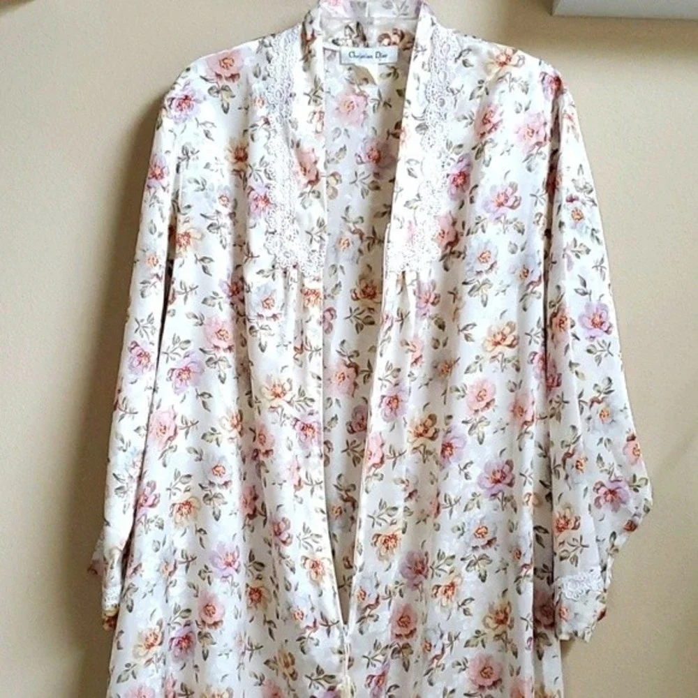 Vintage Christian Dior Long Night Gown Satin Robe Grandma Style Floral Size L - Picture 10 of 12